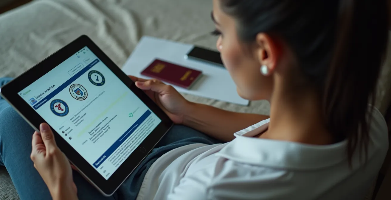 Personne vérifiant les accréditations d'un établissement médical sur tablette