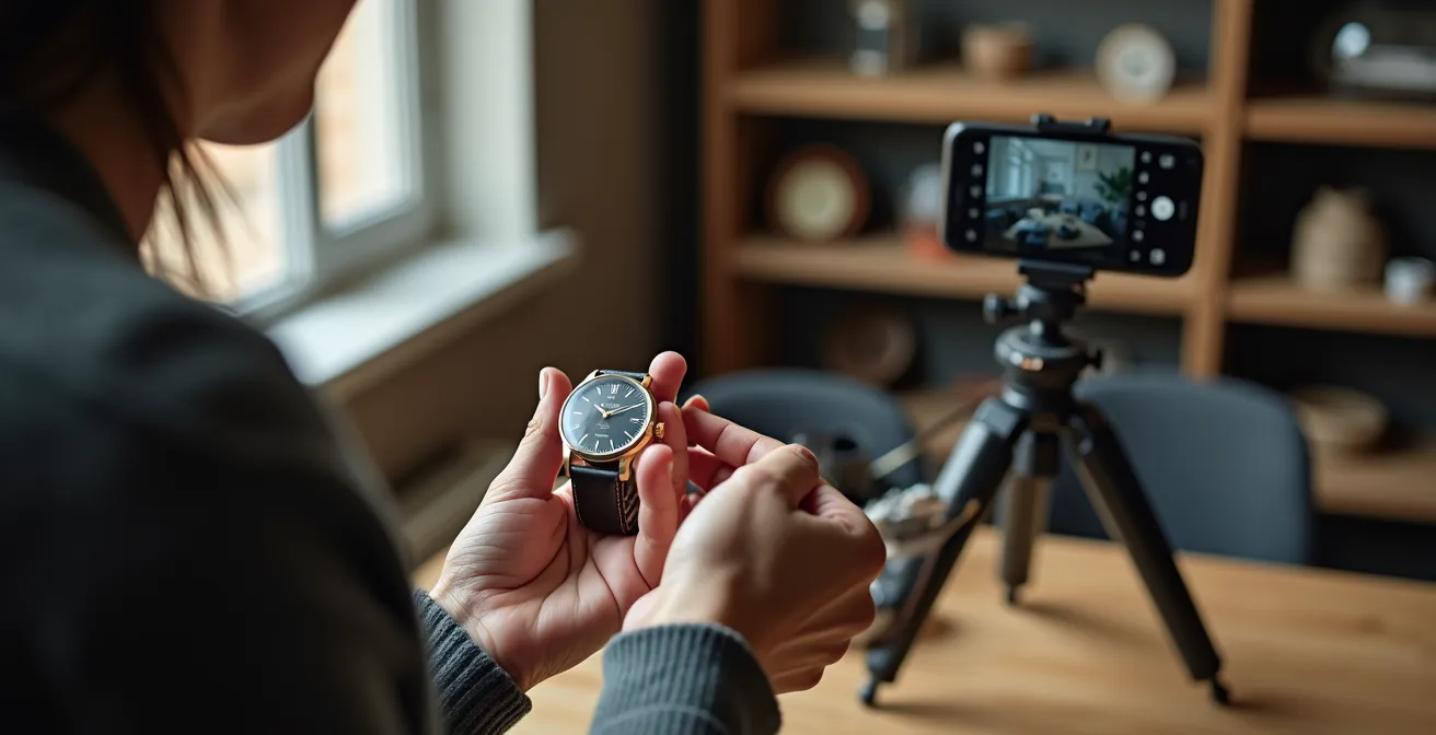Personne filmant des objets de valeur avec smartphone sur trépied