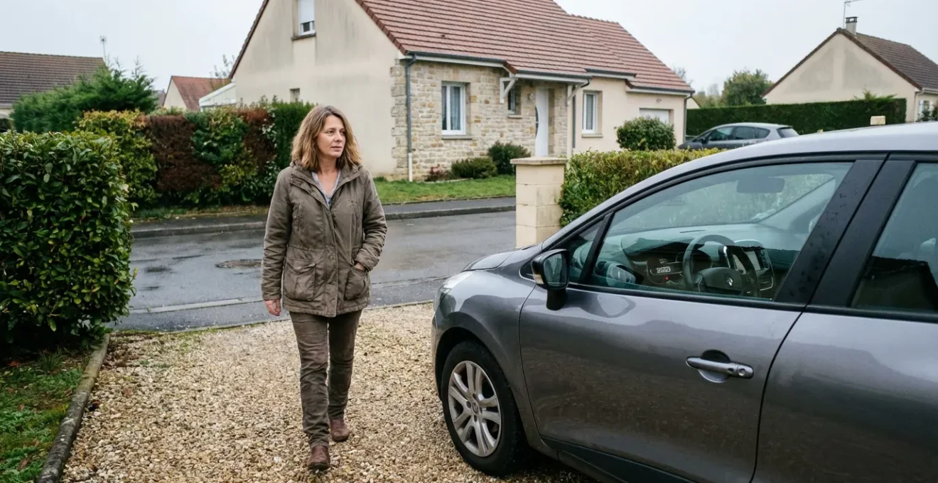 Conductrice s'éloignant de sa voiture compacte garée devant maison française, assurance au kilomètre