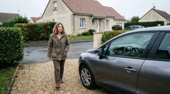 Conductrice s'éloignant de sa voiture compacte garée devant maison française, assurance au kilomètre