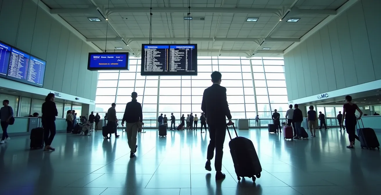 Hall d'aéroport avec voyageurs regardant les écrans d'information de loin
